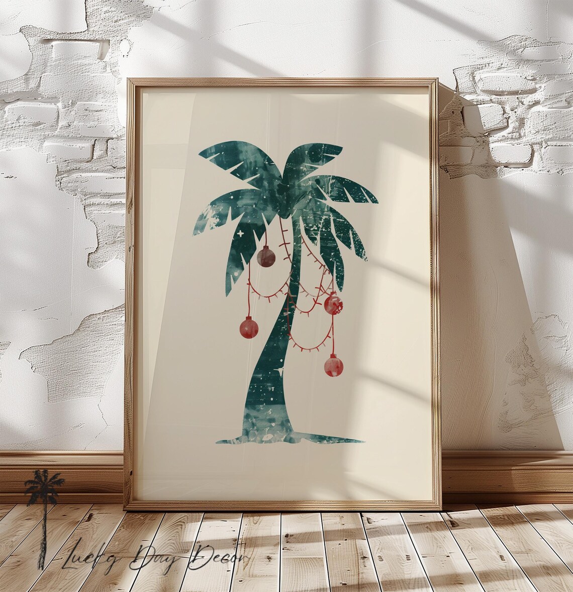 Christmas Palm Tree Red Ornaments Watercolor Coastal Holiday Poster