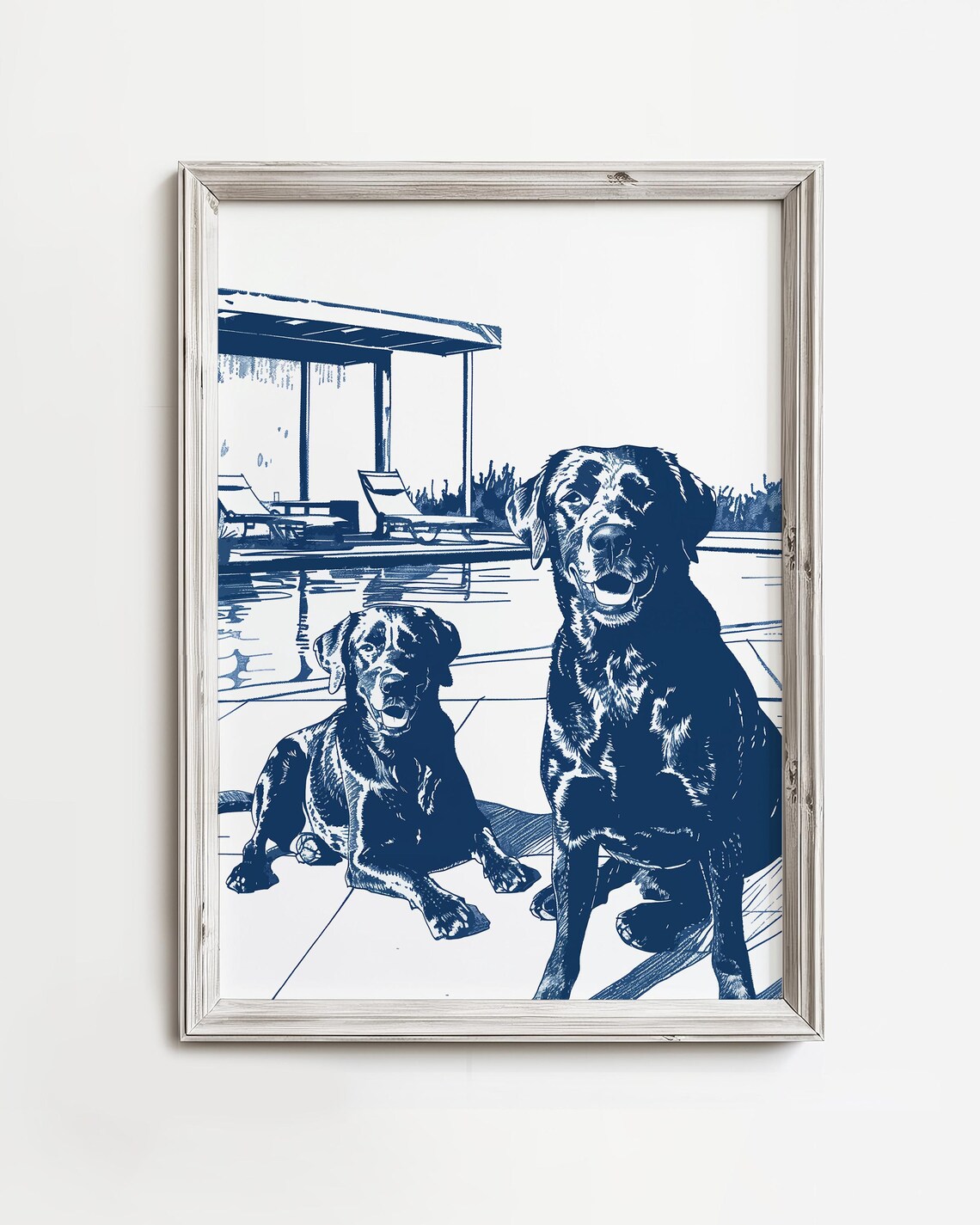 Two Black Labradors by the Pool Navy Blue Sketch Art Illustration Poster