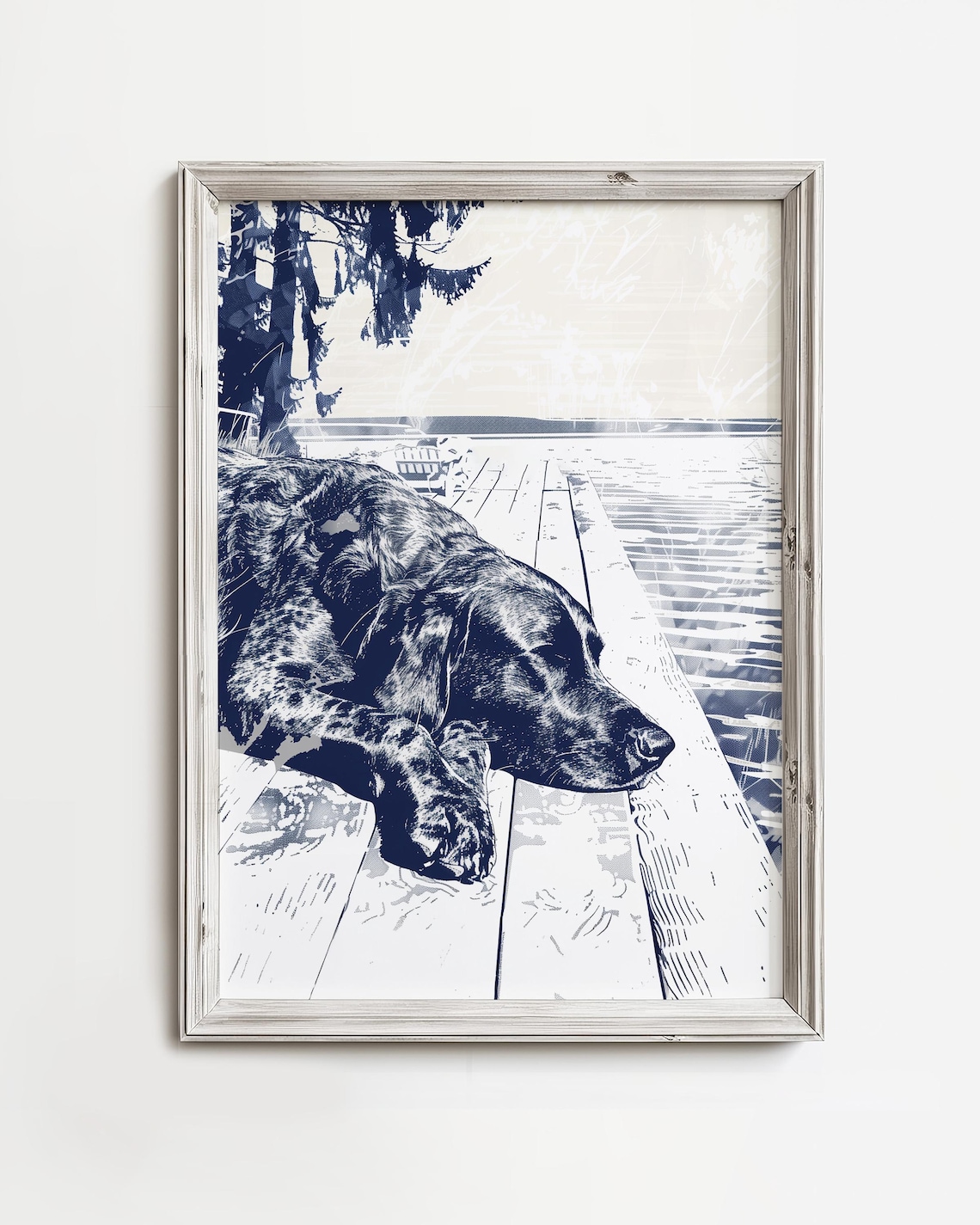 Sleeping Dog on Wooden Dock Navy Ink Lake Cottage Art Poster