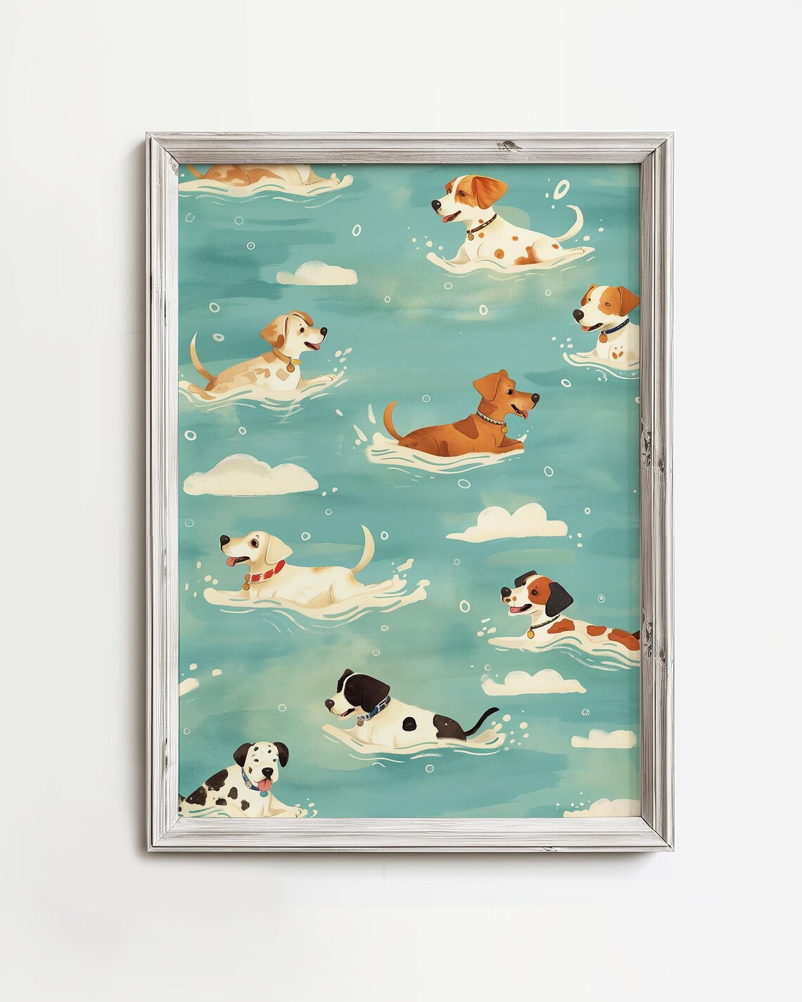 Happy Dogs Swimming Poster Playful Cartoon Pups In Teal Ocean Water