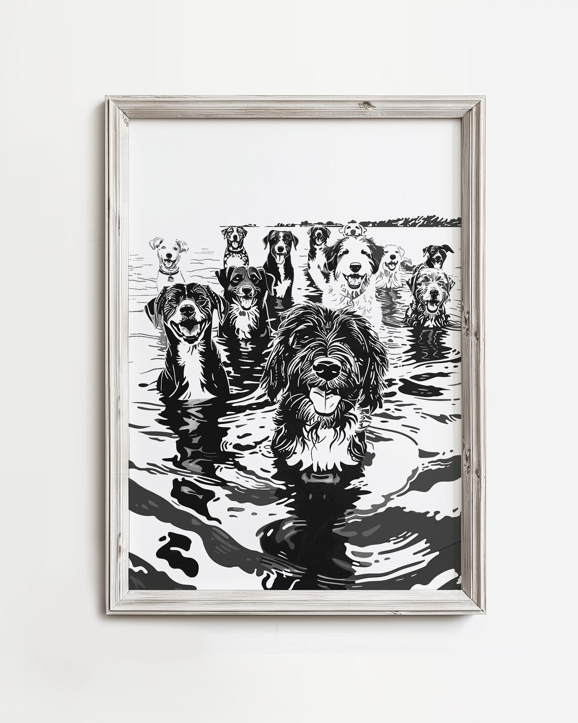 Happy Dogs Swimming Together Monochrome Ink Sketch Dog Fun Poster