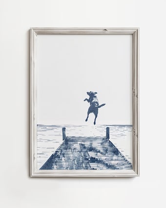 Happy Dog Jumps Off Dock, Coastal Cottage Art Print