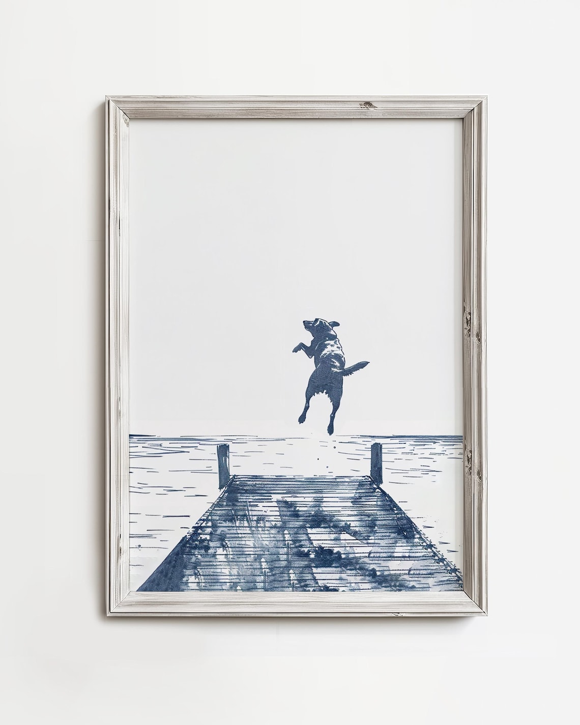 Happy Dog Jumps Off Dock, Coastal Cottage Art Print