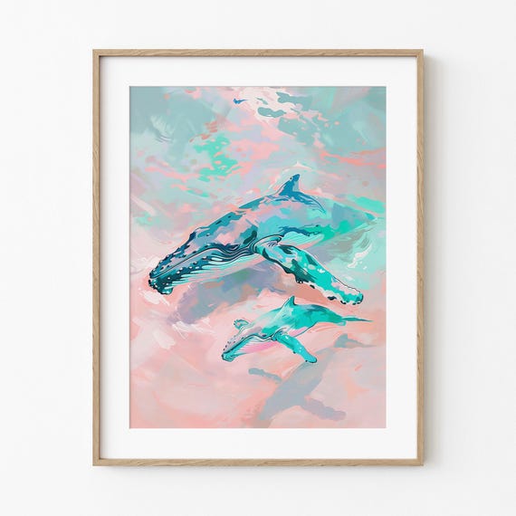 Humpback Calf Pretty Whale Painting Sea Life Ocean Colorful Pastel Impressionist Beach Coastal Art Dry Brush Medium