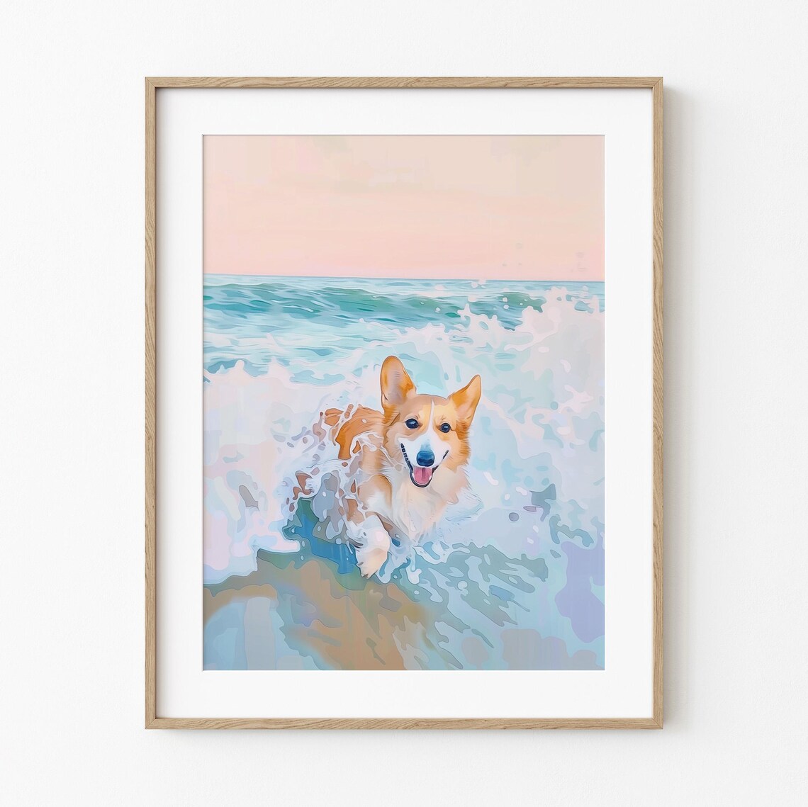 Happy Corgi Plays In Waves, Watercolor Beach Art