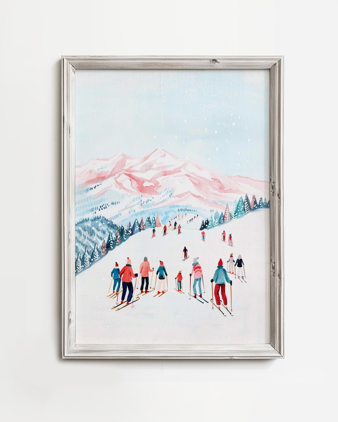 Skiers on Snowy Mountain Slope Pink Winter Watercolor Painting Poster