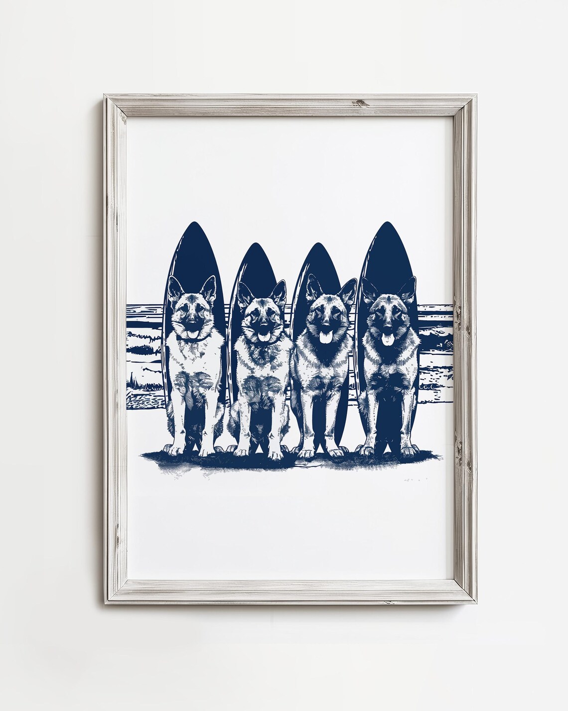 German Shepherds Surfboards, Whimsical Beach Dog Art Print