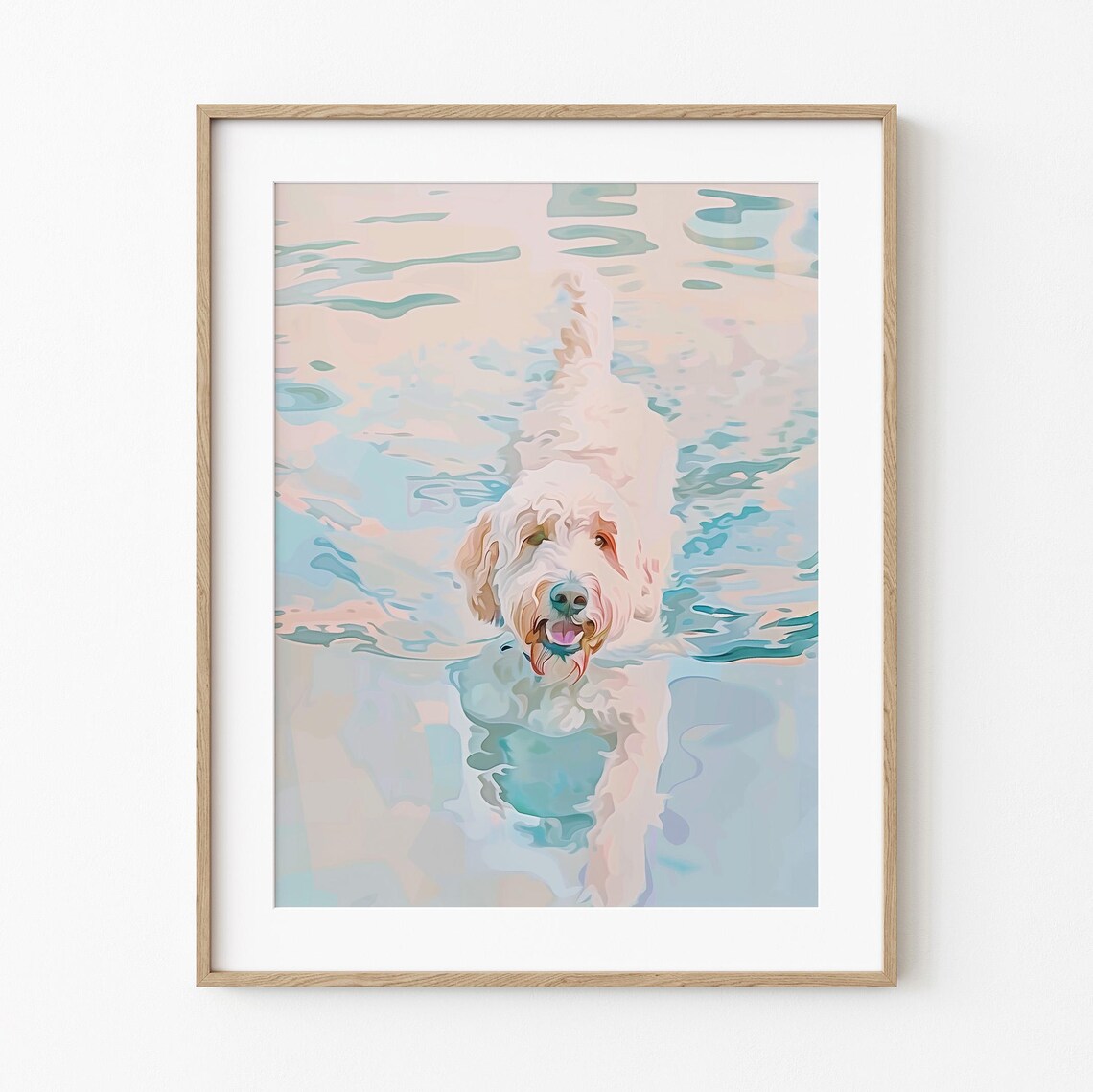 Smiling Labradoodle Swimming in Pastel Watercolor Pool Poster