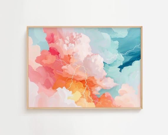 Pink Cloud Lightning Art Colorful Pastel Painting Dreamy Scenic Landscape Print Watercolor Acrylic Pretty Home Wall Decor