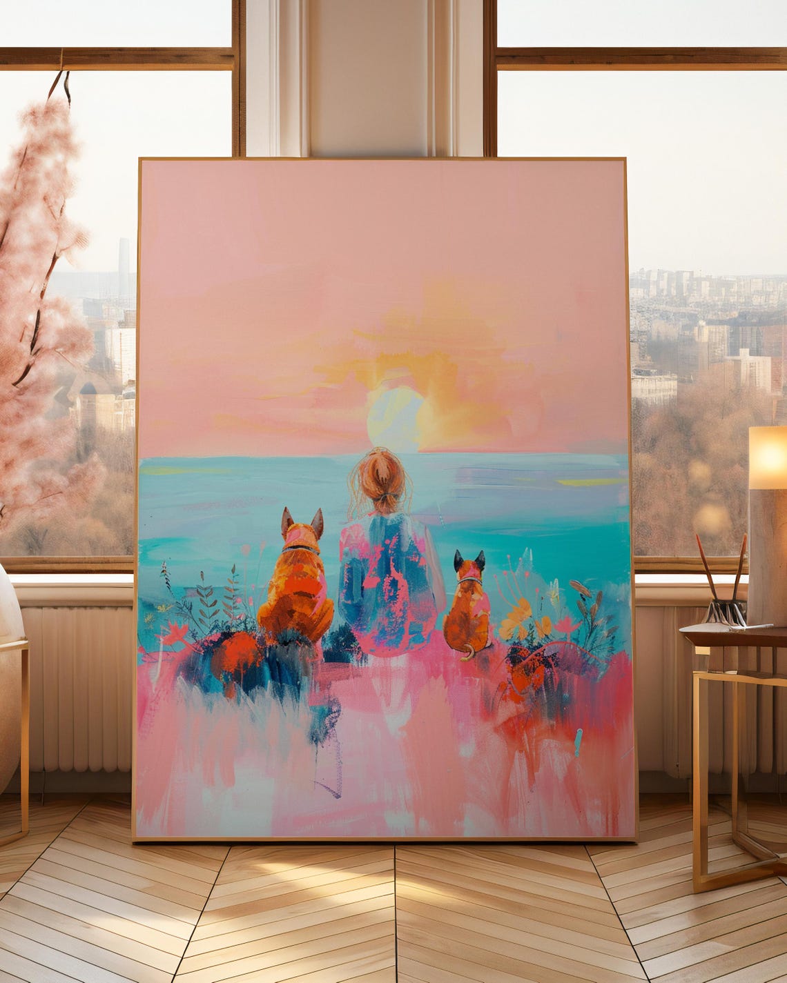 Oceanside Sunset With Dogs Best Friends Pastel Painting Peaceful Artwork Colorful Pink Watercolor Print Girls Dog Mom Decor