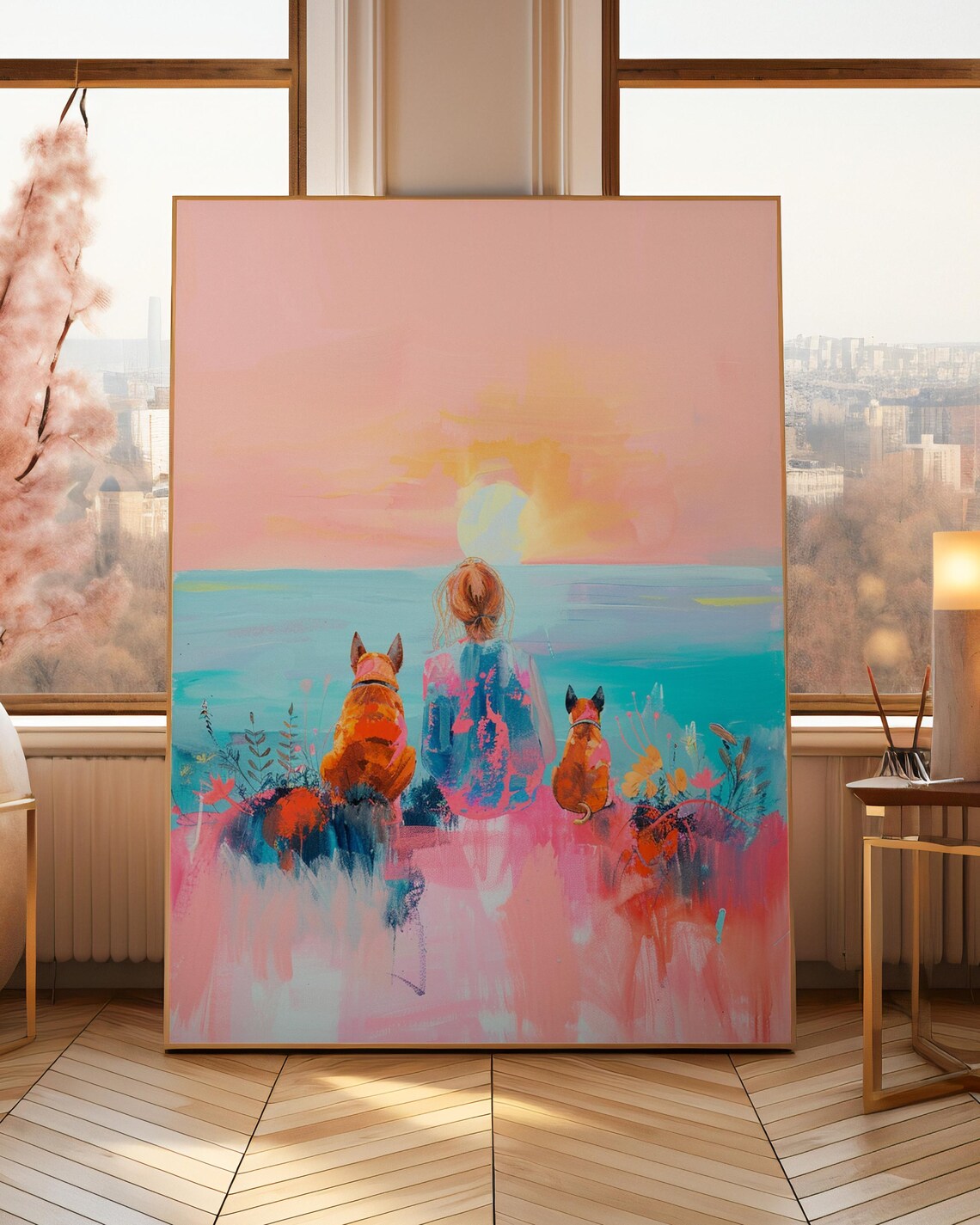 Woman with Two Dogs Watching Sunset over Ocean Colorful Painting Poster