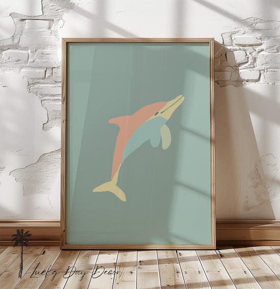 Sea Life Dolphin Print Simple Childrens Room Art Pastel Color Nursery Coastal Cute Tropical Mammal