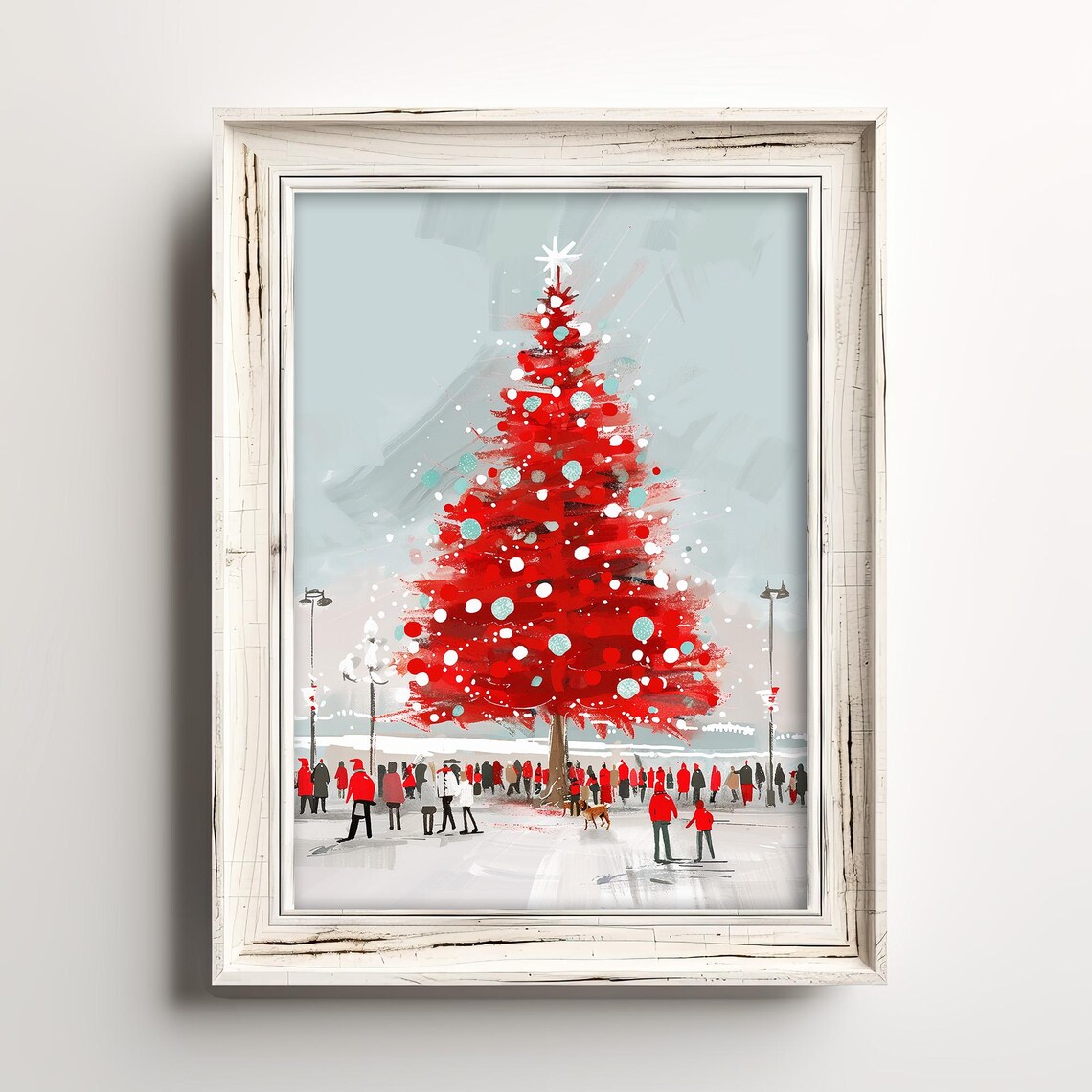 Red Town Center Tree, Winter Holiday Art Print