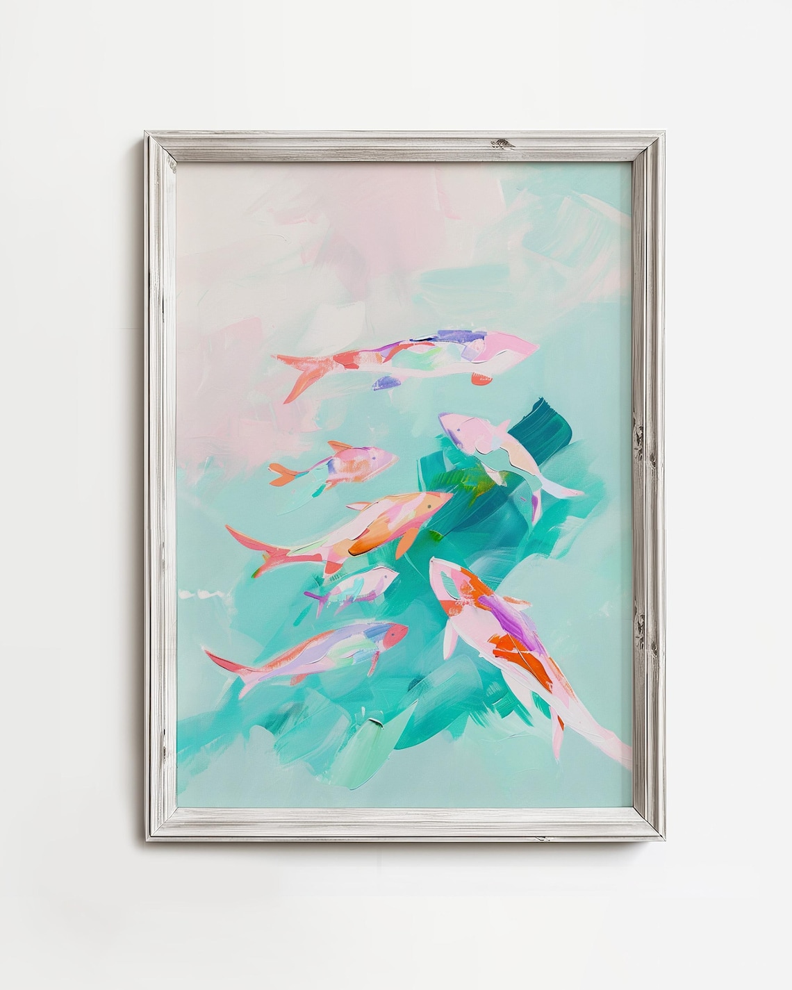 Colorful Koi Fish Pastel Turquoise Water Abstract Painting Poster