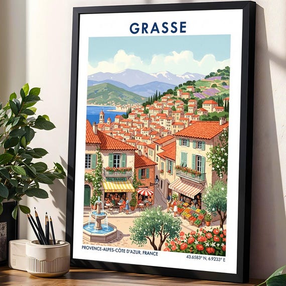 Grasse Provenal Village Poster Blue And Green Red Orange Beige Travel Art French Illustration Living Room Office Decor