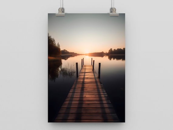 Golden Morning Wooden Pier Sunrise Calm Lake Photography Art Print