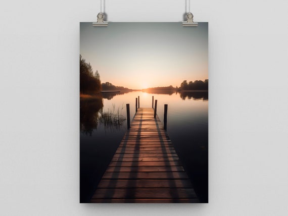 Old Wooden Pier Over Still Lake Perspective View Poster Print Wall Art Stunning Scenery Home