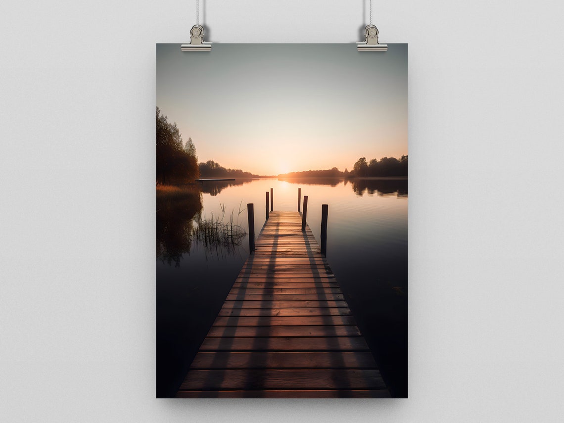 Old Wooden Pier Over Still Lake Perspective View Poster Print Wall Art Stunning Scenery Home