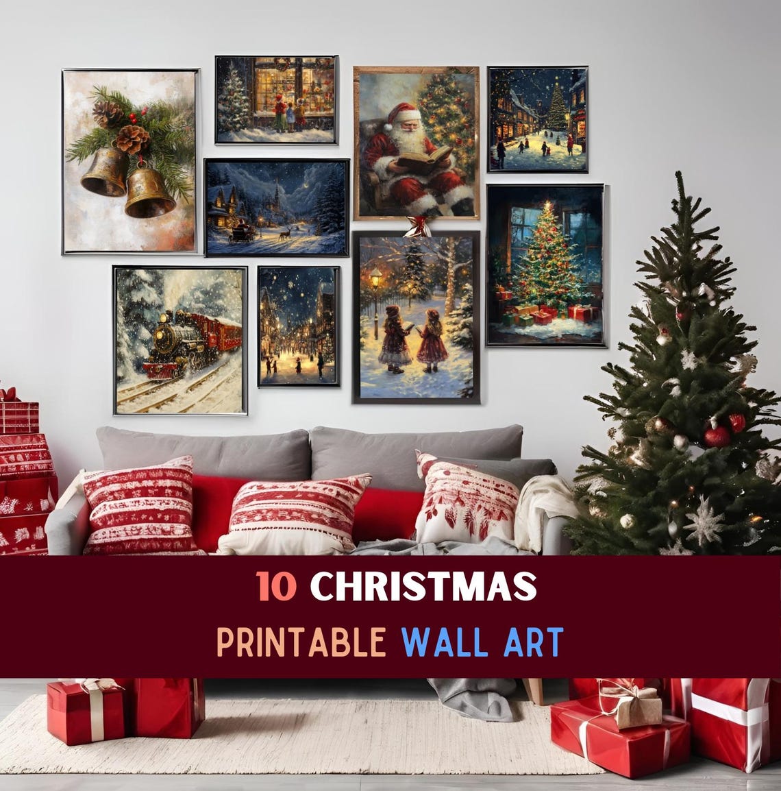 Set of 10 Christmas Printable Bundle Vintage Holiday Wall Art