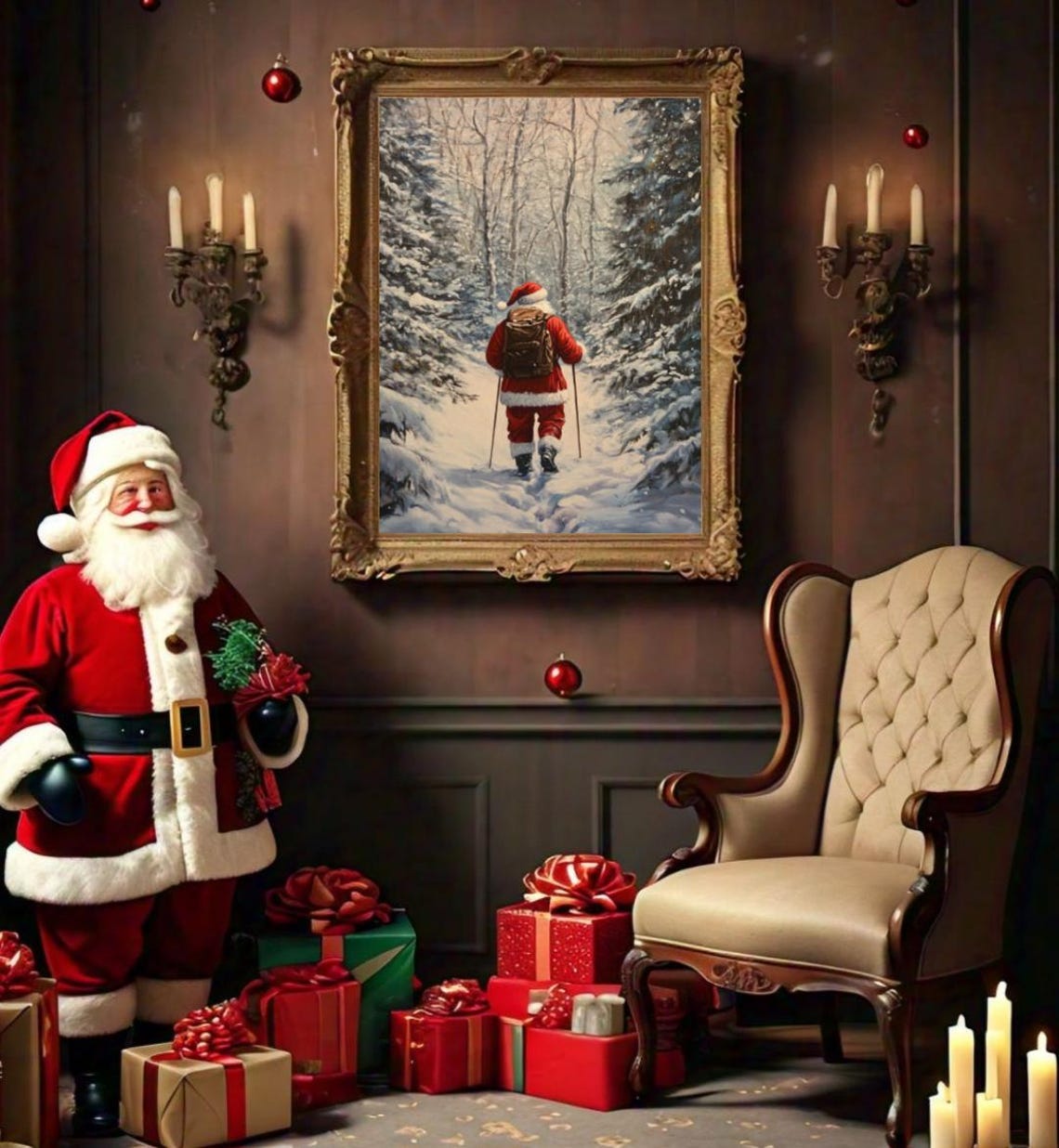 Santa Claus Hiking Through Snowy Forest with Backpack Christmas Poster - Image 2