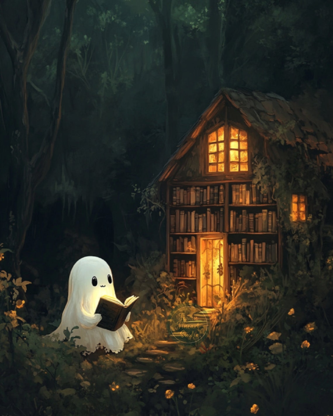 Cute Ghost Reading Book Cozy Forest Cottage Night Spooky Poster - Image 3