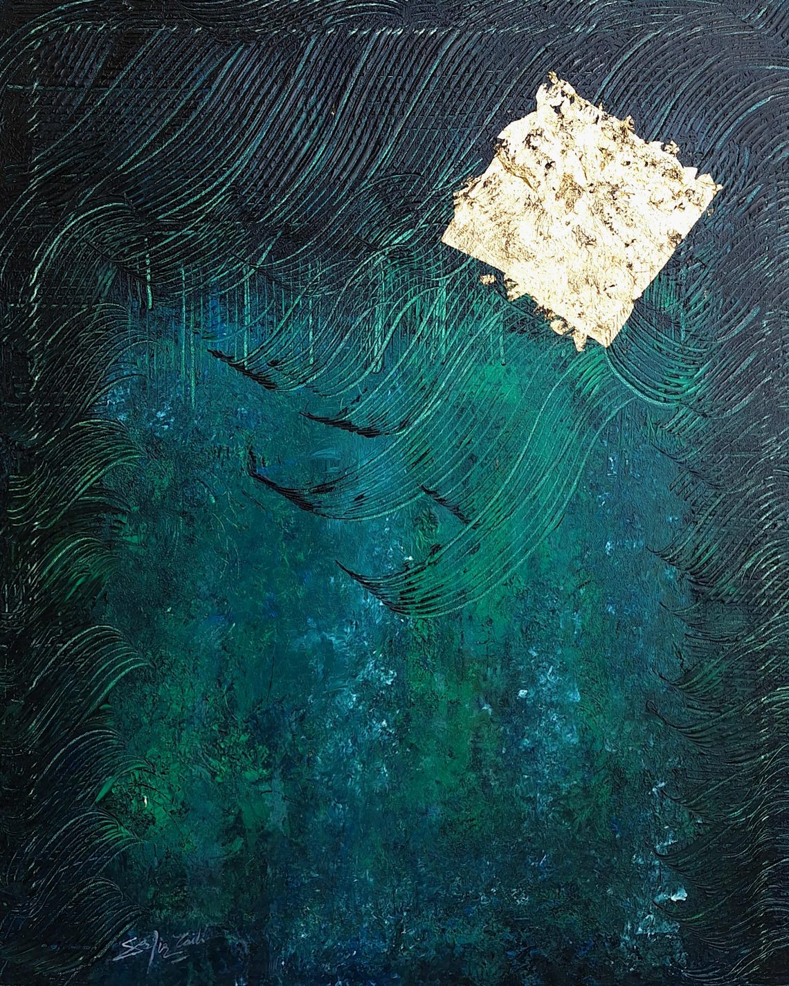 Dark Teal Abstract Gold Leaf Square Textured Modern Artwork Poster - Image 2