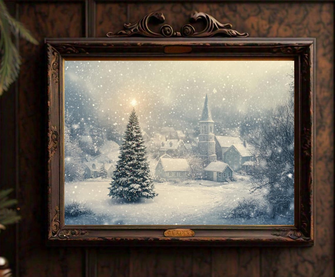 Giant Snowy Christmas Tree Village Church Falling Snow Poster