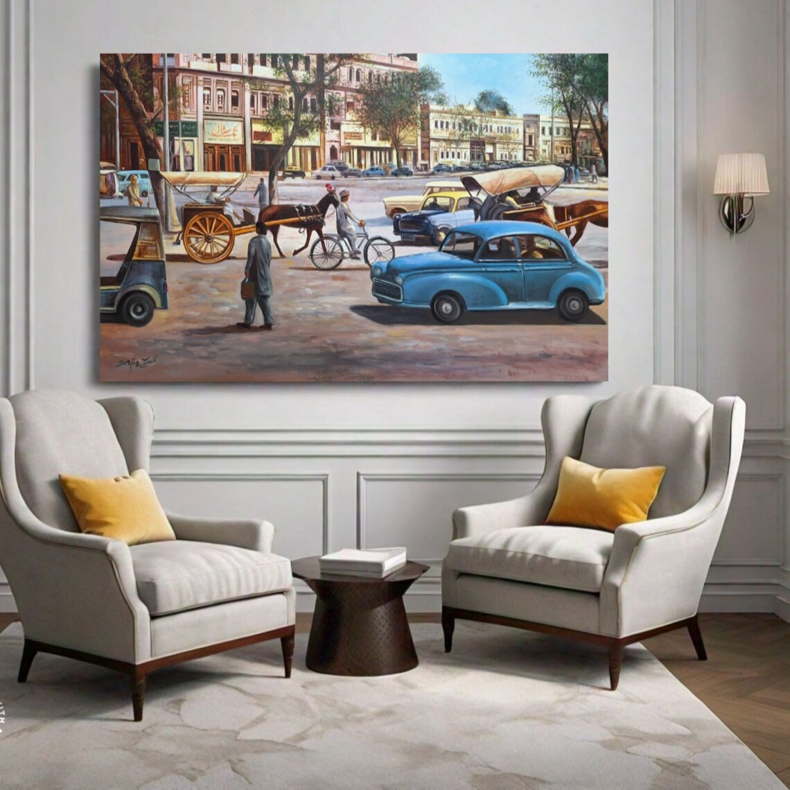 Vintage Old City Street Scene Horse Carriage Classic Car Poster - Image 2