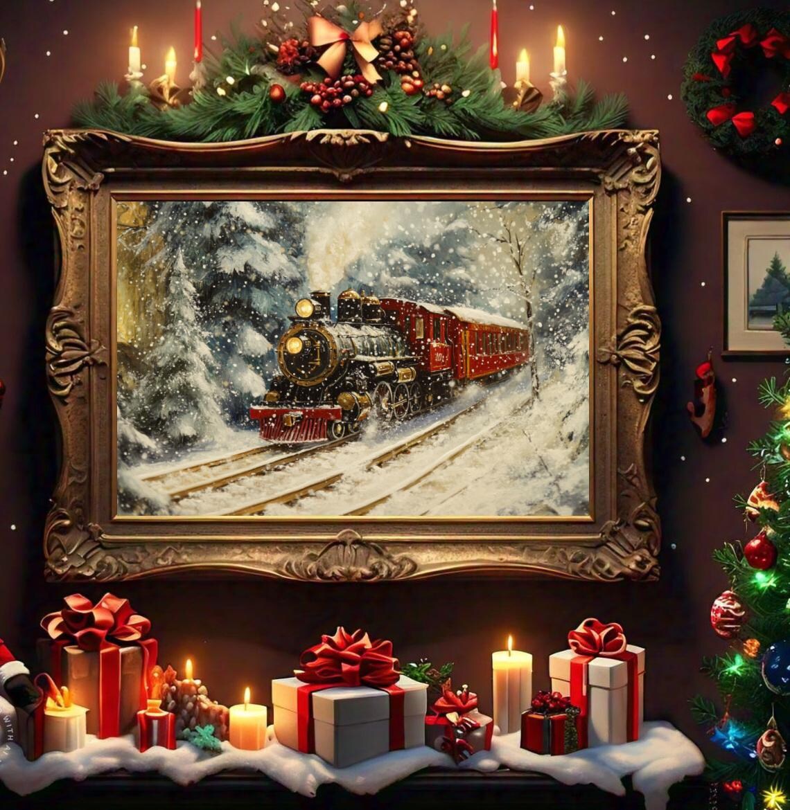 Christmas Train Art Print, Rustic Winter Scene - Image 2