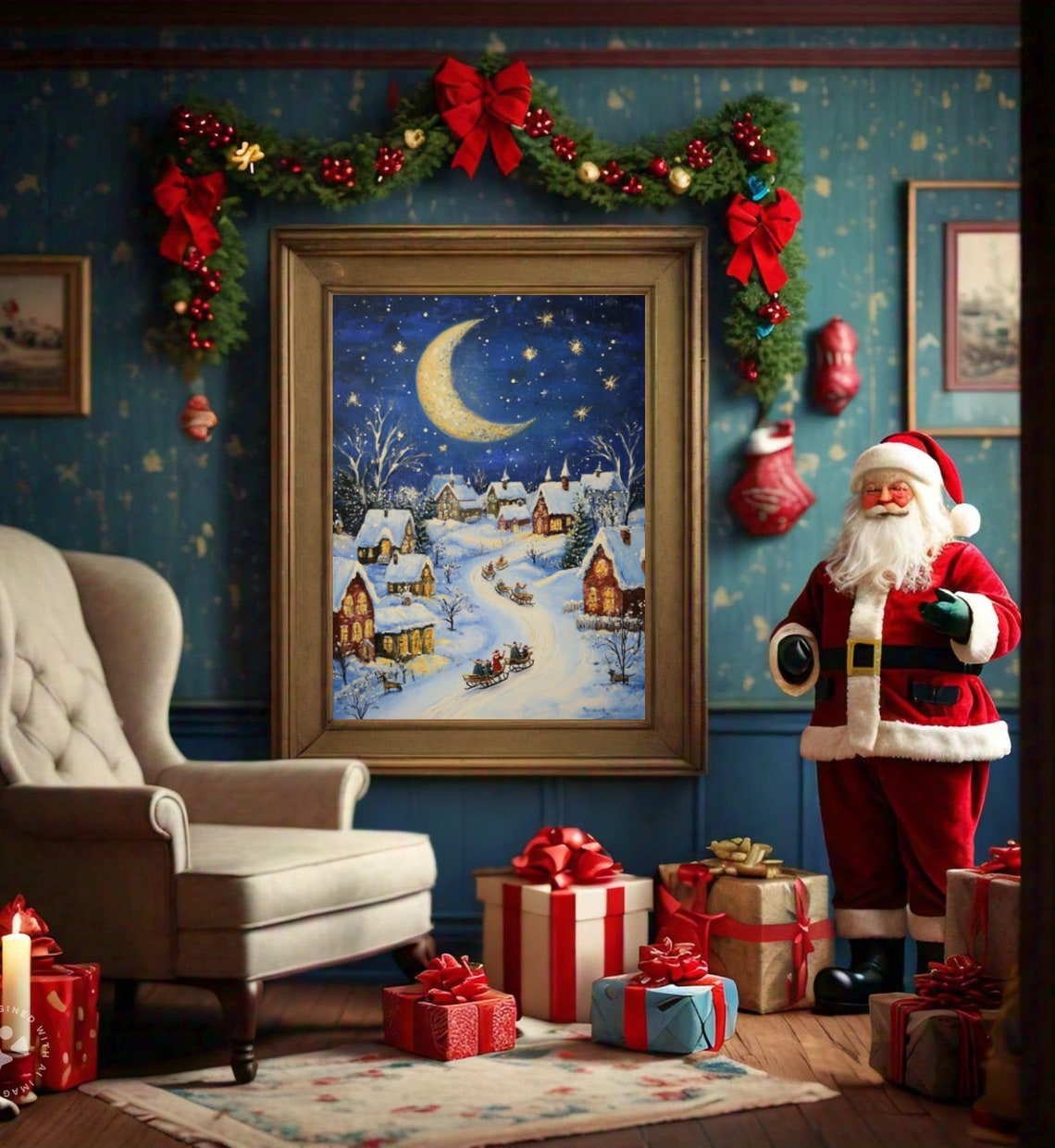 Crescent Moon Over Snowy Village Sleighs Christmas Night Scene Poster - Image 2