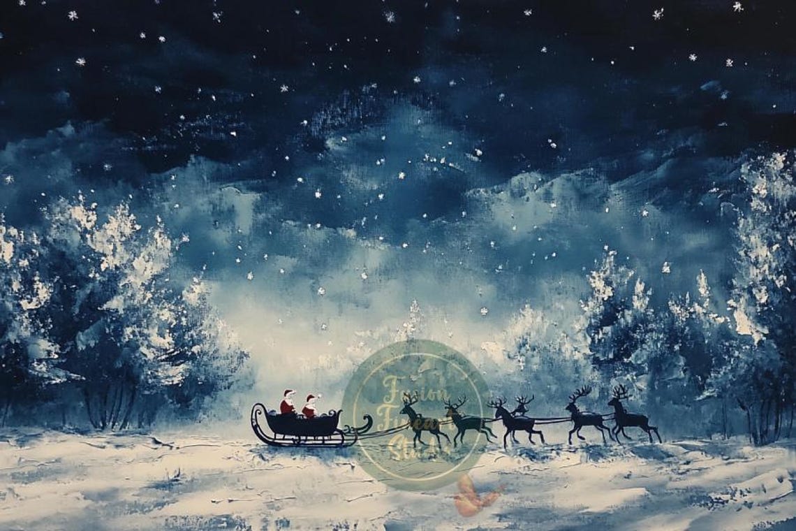 Santa Claus Sleigh Reindeer Night Flight Snowy Blue Watercolor Poster - Image 3