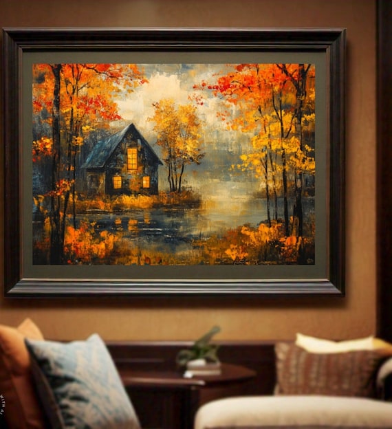Lake Cabin Autumn Glowing Windows Misty Golden Trees Shore Poster