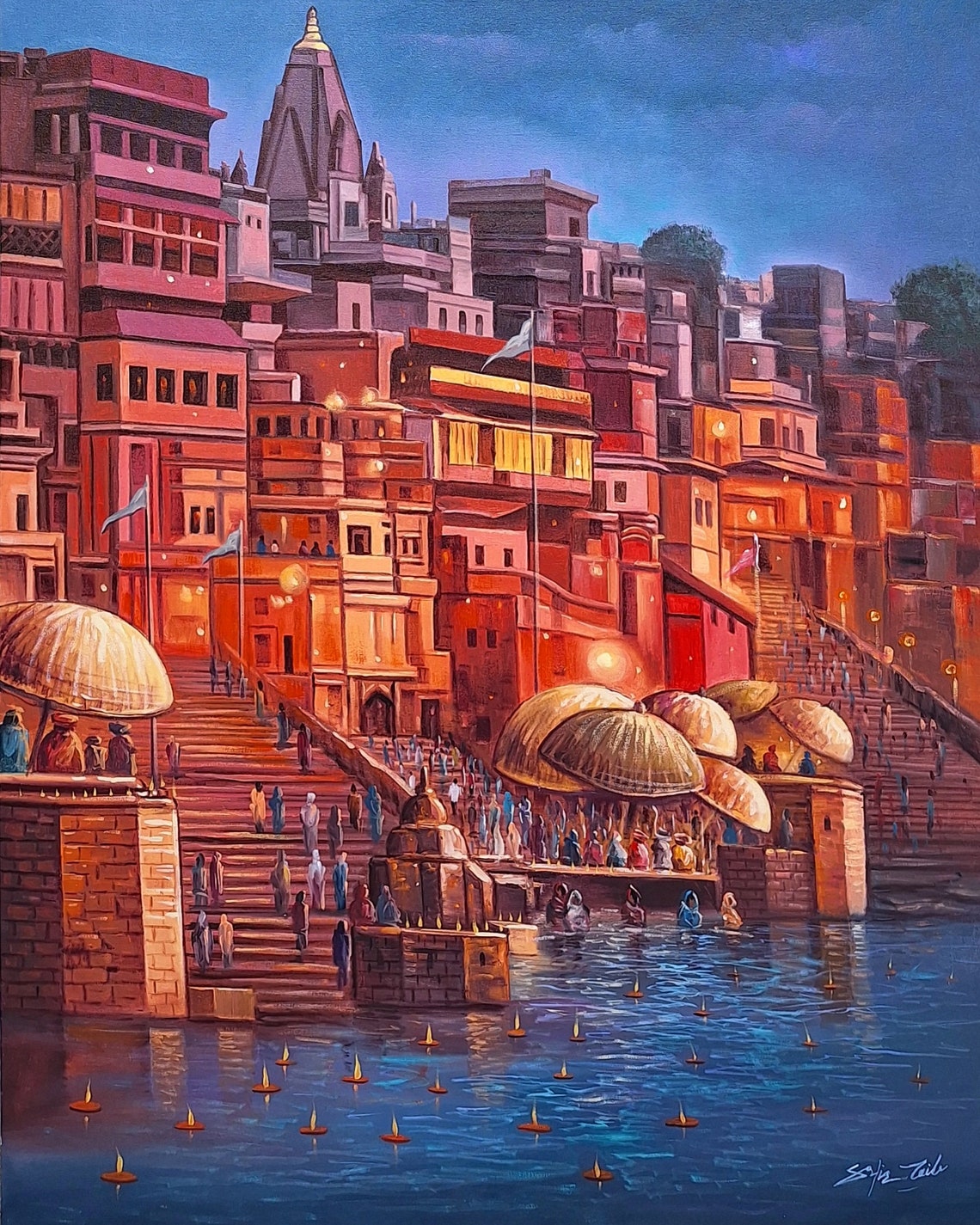 Varanasi Ghats at Dusk Floating Diyas on the Ganges Indian Art Poster - Image 3