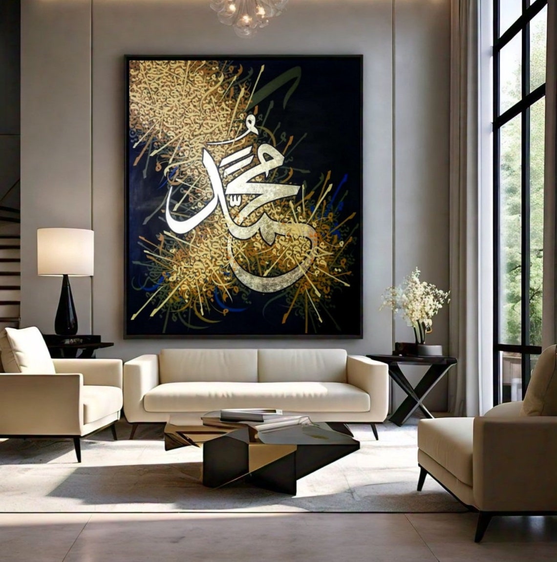 White Arabic Calligraphy Gold Splash Dramatic Black Canvas Poster - Image 2