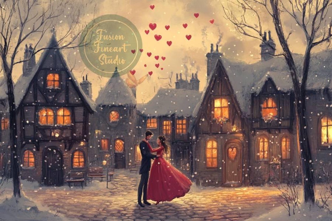 Couple Embracing Tudor Village Courtyard Dusk Hearts Scene Poster - Image 3