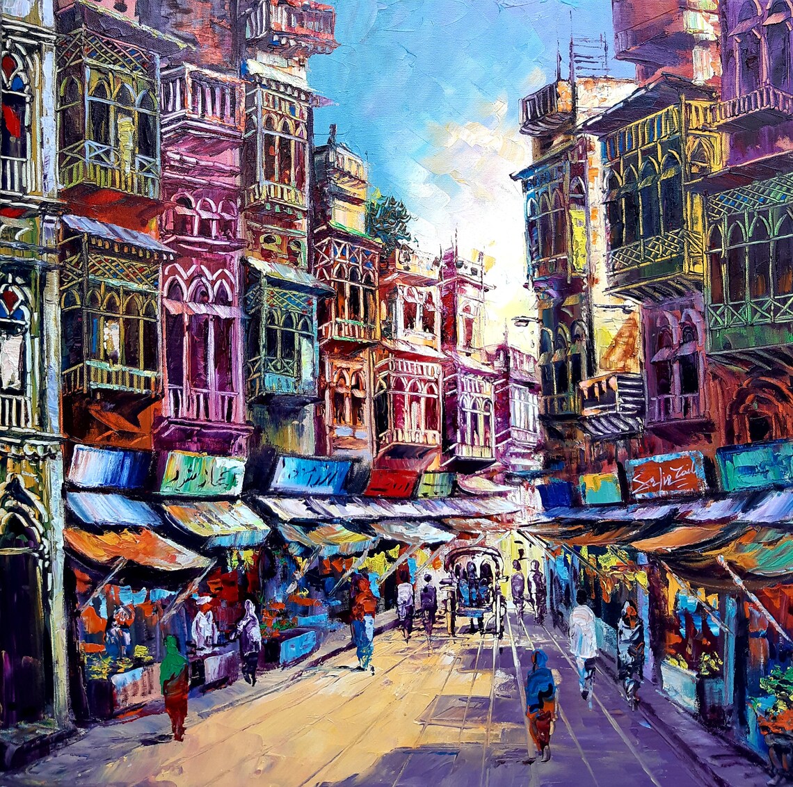 Old Cityscape Indian Art Impasto Oil Painting - Image 3