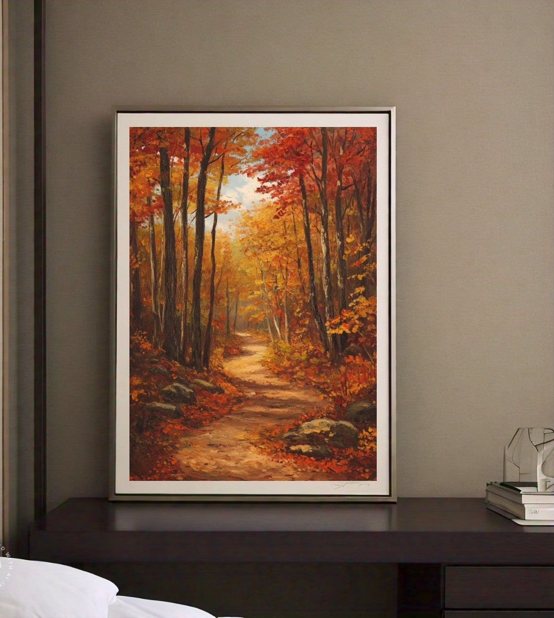 Sunlit Autumn Forest Trail Under Fiery Red Canopy Oil Style Poster - Image 2