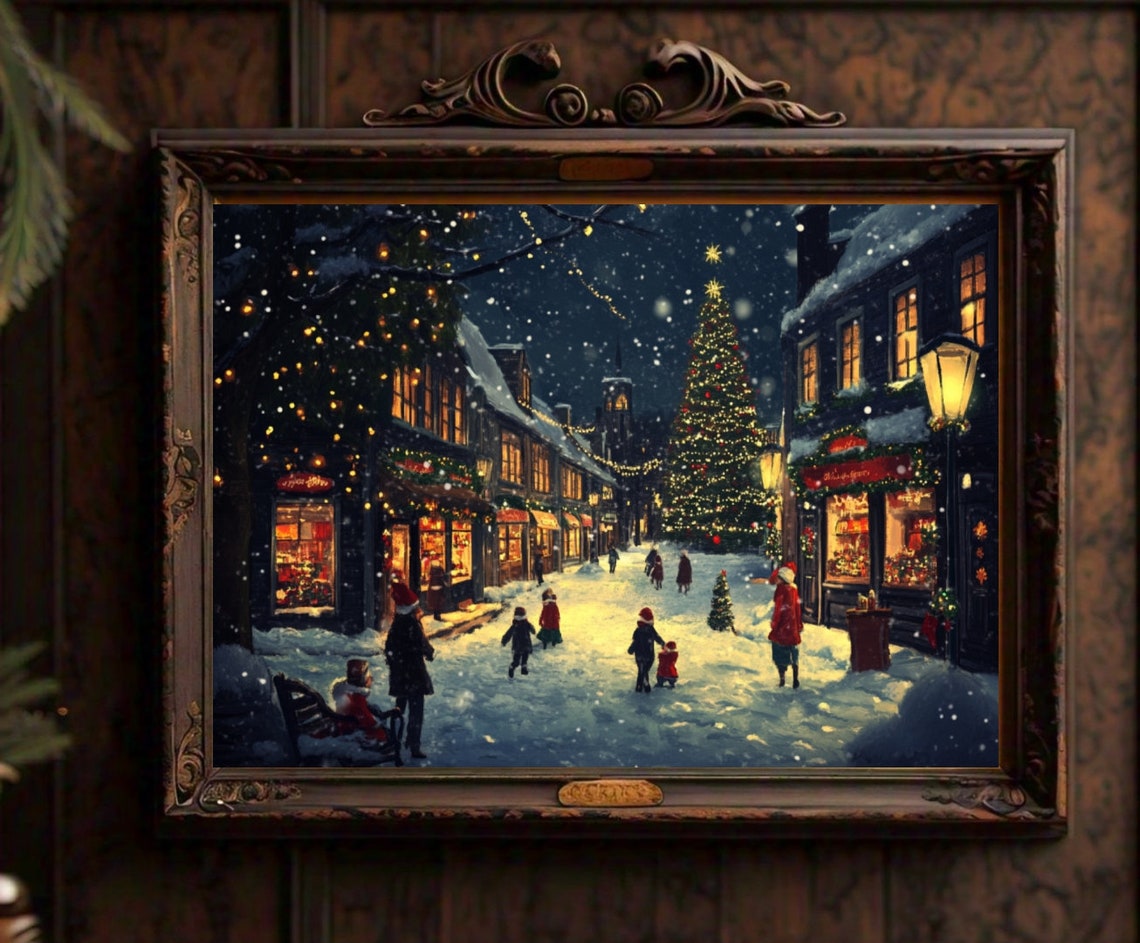 Christmas Village Main Street Night Lit Shops Big Tree Snowy Poster