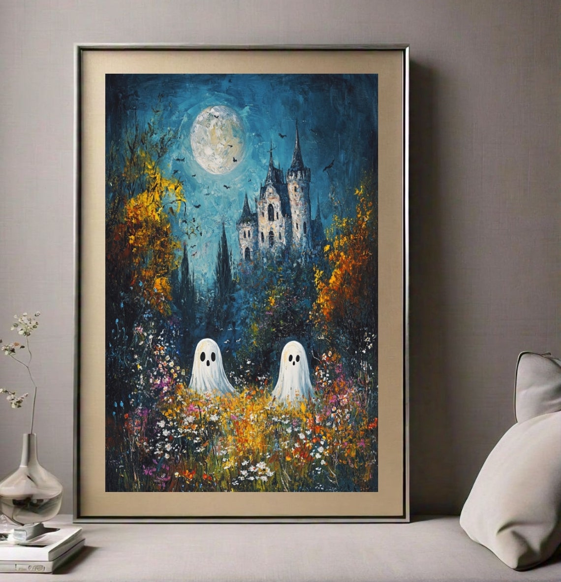 Two Ghosts in Wildflower Field Gothic Castle Full Moon Night Poster - Image 2
