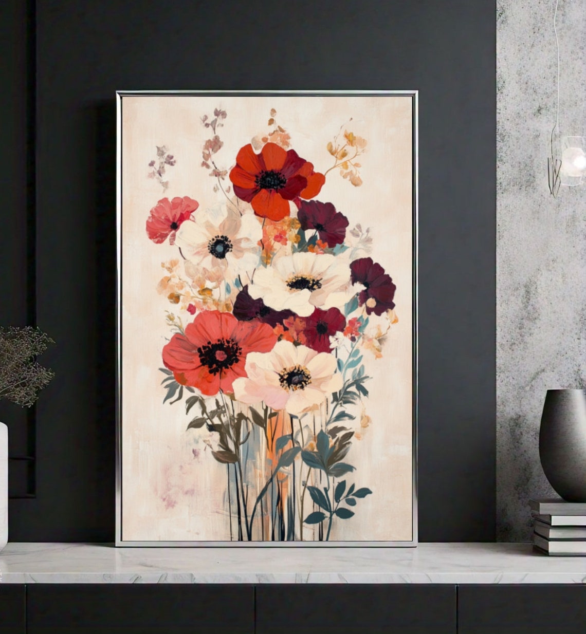 Red White Anemone Bouquet Vintage Floral Painting Cream Poster - Image 2