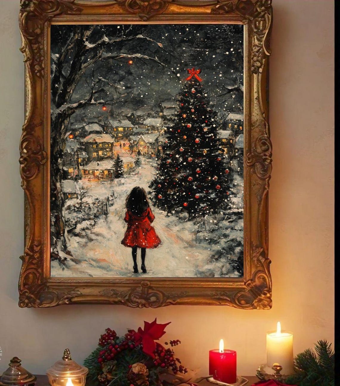 Girl in Red Coat Snowy Christmas Tree Village Night Scene Poster