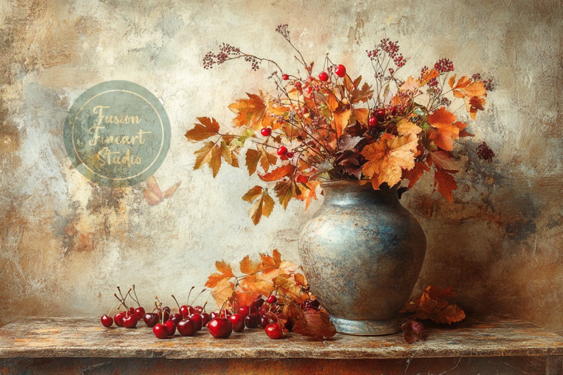 Vintage Autumn Still Life Vase Fall Leaves Cherries Rustic Poster - Image 3