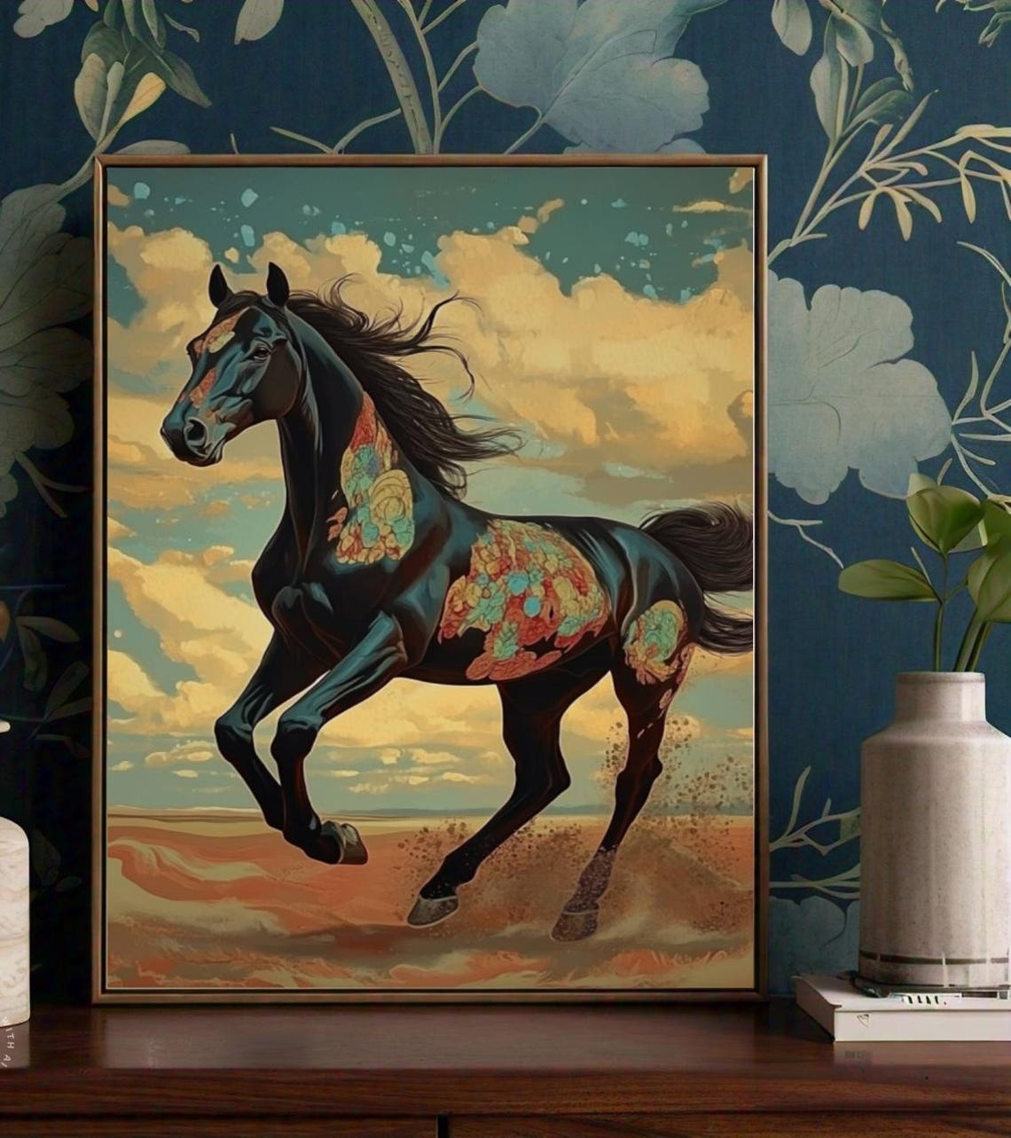 Black Horse Colorful Floral Paint Galloping Desert Clouds Poster