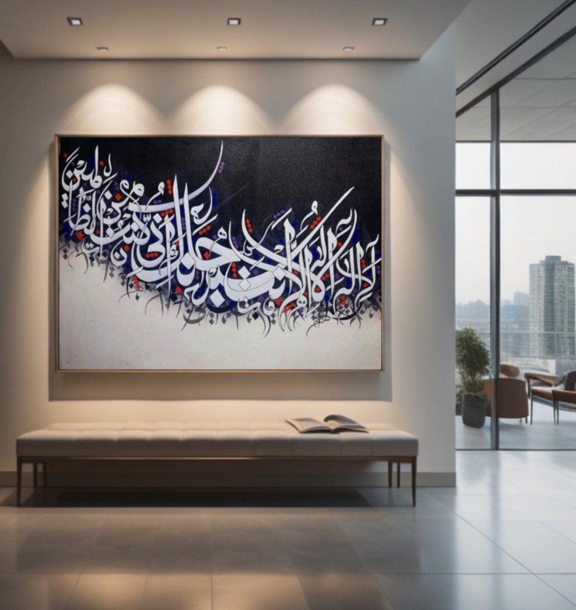White Calligraphy Black Red Dots Panoramic Night Contrast Art Poster - Image 2