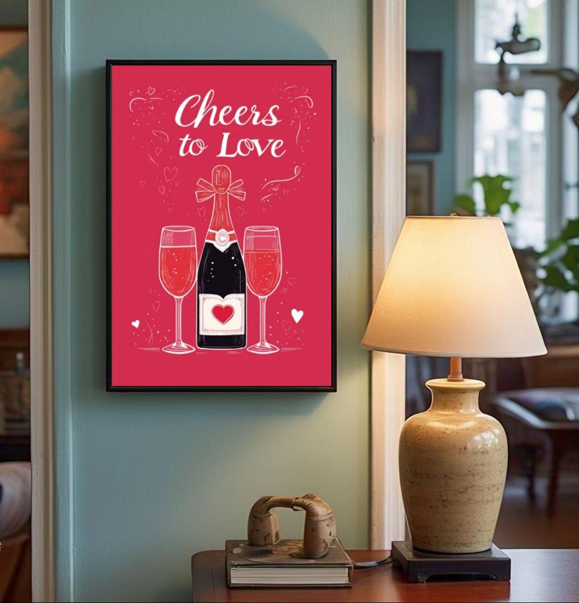 Cheers to Love Champagne Bottle Glasses Red Celebration Poster - Image 2