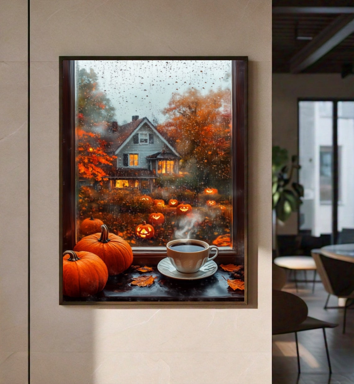 Rainy Fall Window Coffee Pumpkins Jack O Lanterns Farmhouse Art Poster - Image 2