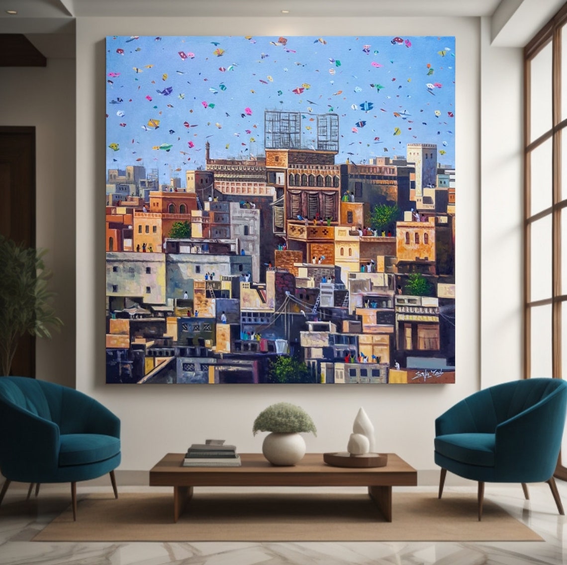 Kite Festival Old City Rooftops Colorful Sky Panoramic Art Poster