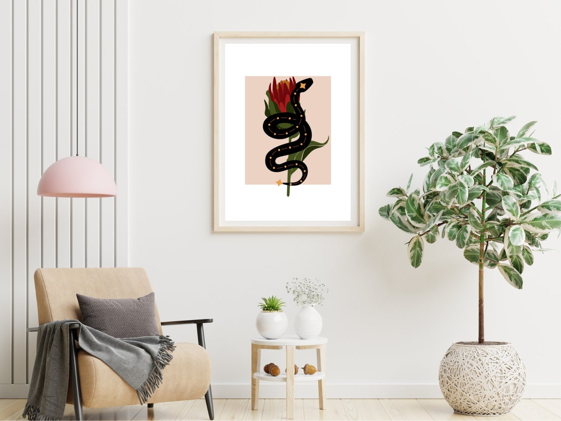 Black Coiled Serpent Protea Flower Boho Botanical Art Poster - Image 4