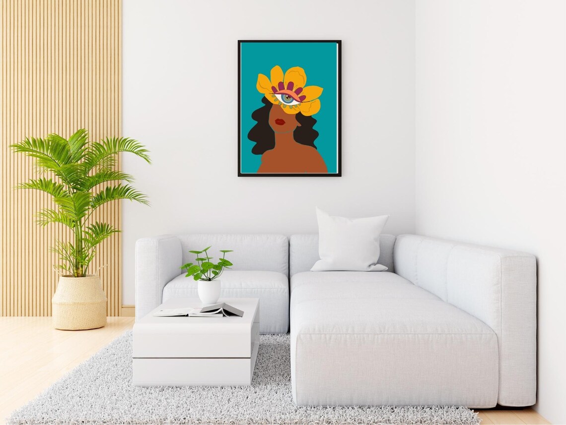 Third Eye Flower Woman Teal Background Abstract Portrait Poster - Image 4