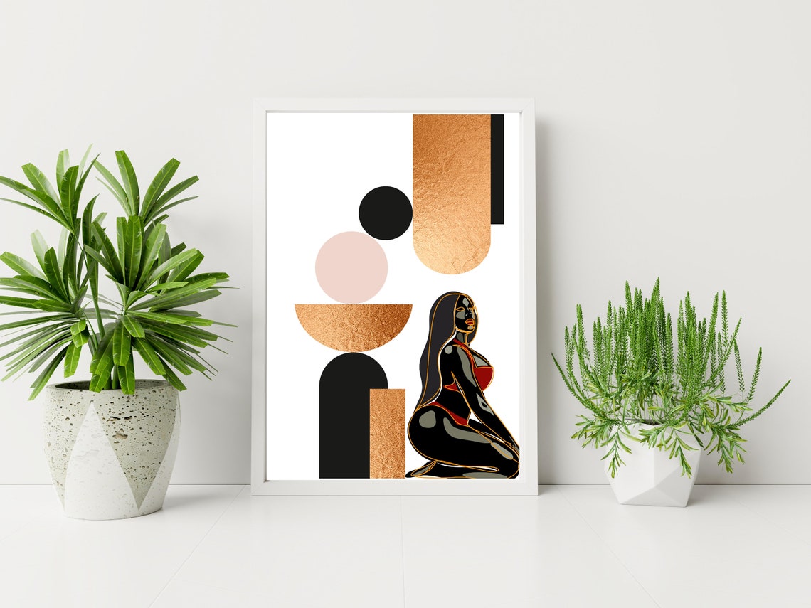 Gold Geometric Woman Abstract Sitting Figure Modern Art Poster - Image 3